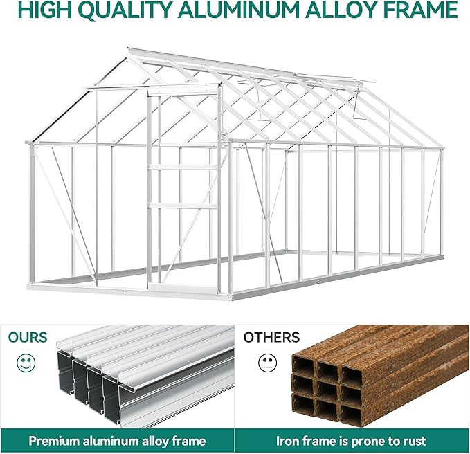 YITAHOME 16x6FT Polycarbonate Greenhouse for Outdoors, Large Heavy Duty Aluminum Greenhouses with Sliding Doors and Vent Window, Walk-in Greenhouse for Garden Backyard, Simple Setup, Silver