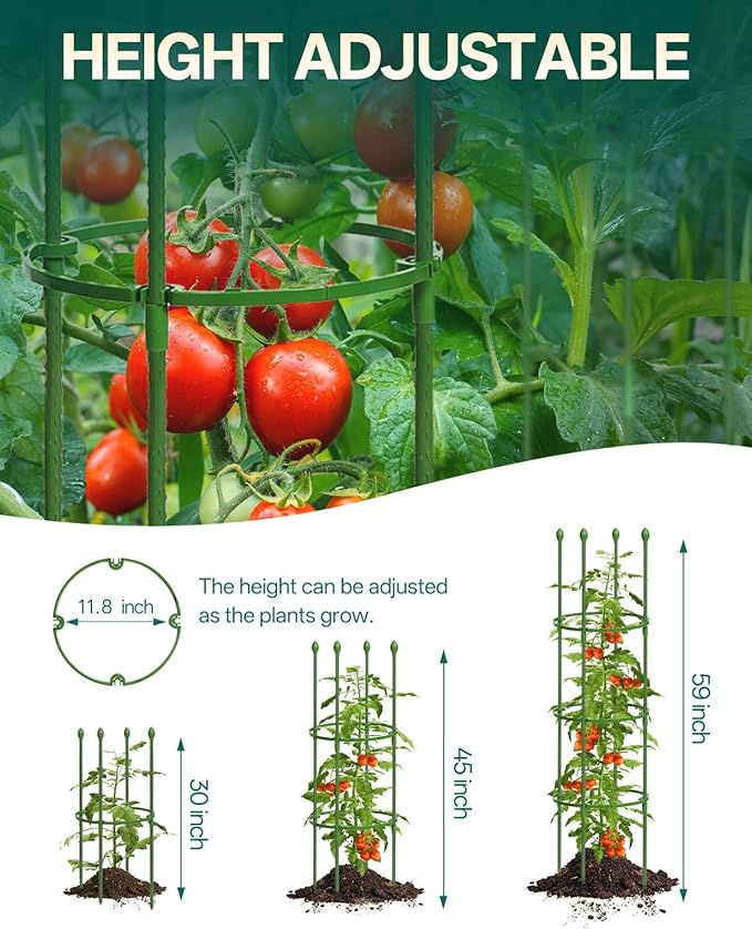 Breeze Touch Tomato Support Cages 3 Pack, Adjustable Tomato Trellis Up to 59 Inch for Garden & Pots, Small Plant Cages, Plant Support for Climbing Vegetables, Flowers, Beans, Cucumber, Peony