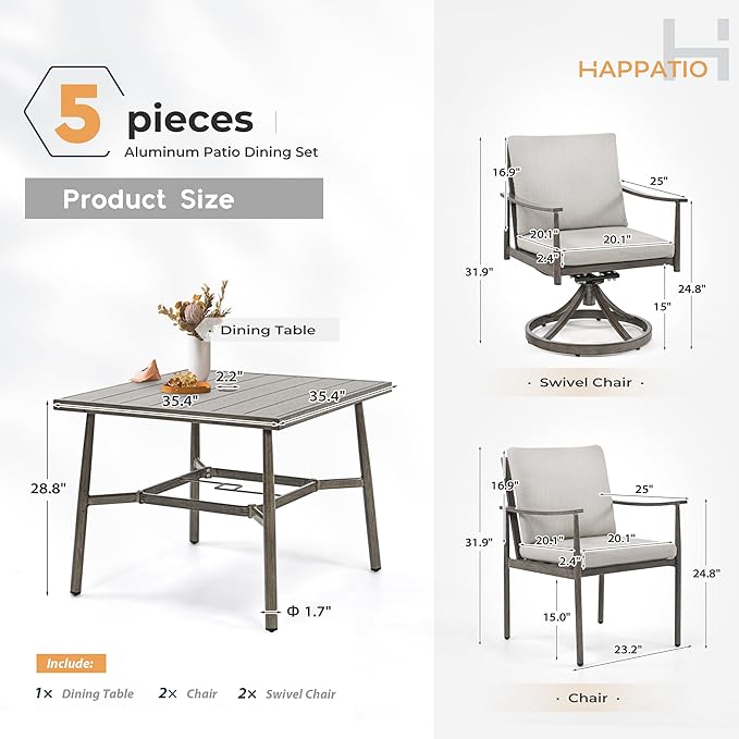 HAPPATIO 5-Piece Outdoor Dining Set for 4, Aluminum Patio Dining Set Includes 1 Large Square Table with Umbrella Hole, 2 Swivel Dining Chairs, and 2 Dining Chairs, for Lawn, Porch, Backyard (Grey)