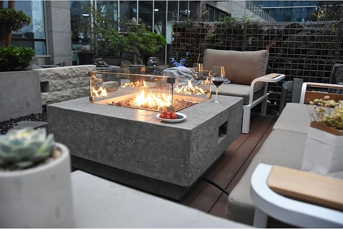 Elementi Manhattan Outdoor Gas Firepit Table 36 Inches Natural Gas Fire Pit Patio Heater Concrete High Floor Clearance Firepits Outside Electronic Ignition Backyard Fireplace Cover Lava Rock Included