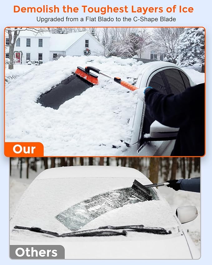 [Upgrade] Ice Scraper & Extendable Snow Brush for Car Windshield [Military-Grade Sturdy] - 360° Pivoting Brush Head with Silicone Grip for Effortless One-Swipe Clean on Auto (Large)