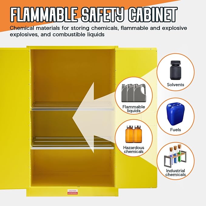 SPECRAFT 100 Gal Flammable Safety Cabinet, 70x43x34 Inch, Cold-Rolled Steel, Adjustable Shelves, OSHA & CE Certified for Industrial, Commercial, Laboratory, and Institutional Use, Yellow