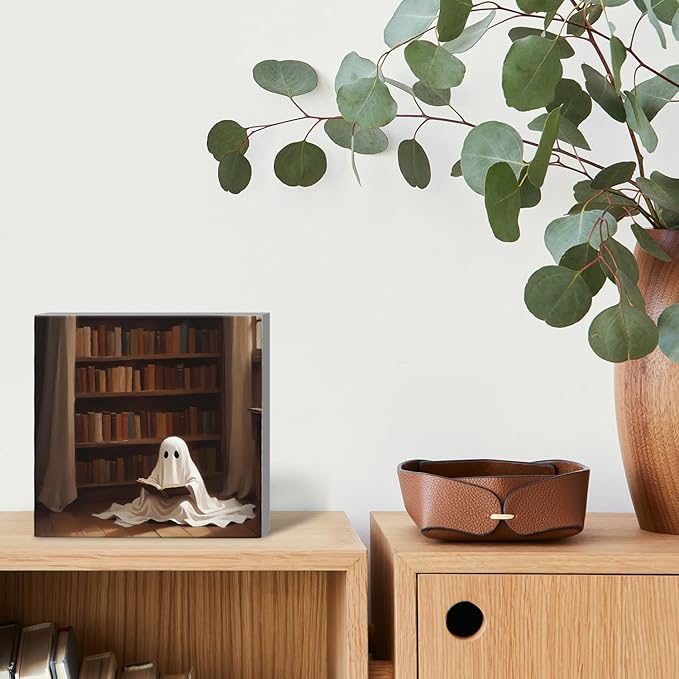 Mtrgdn Cute Halloween Decor,Halloween Decorations Indoor,Ghost Reading Desk Decor Wooden Box Sign,Halloween Home Office Kitchen Bathroom Bedroom Coffee Bar Table Shelf Wall Decorations,5x5 Inch