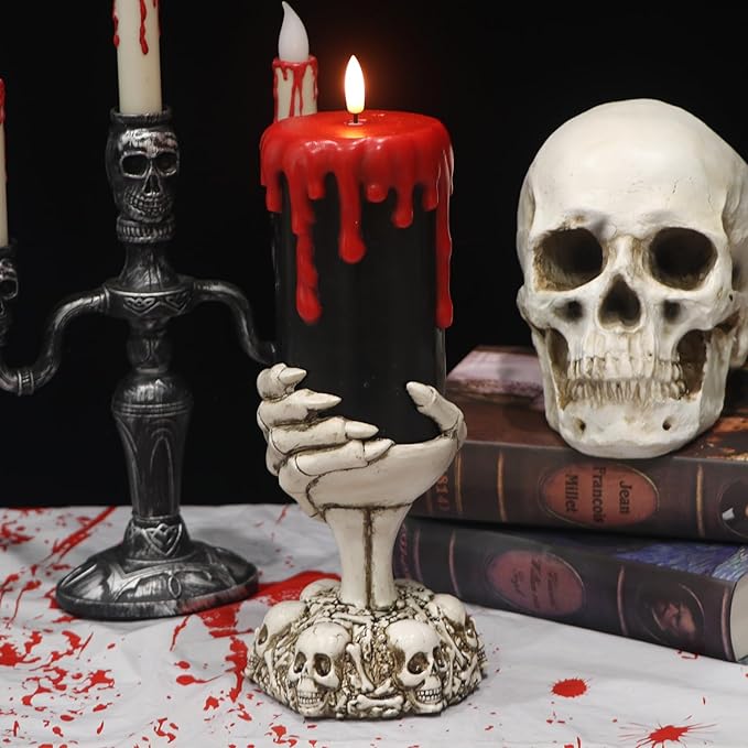 Eldnacele Halloween Flickering Flameless Candles Ghost Hand Candlesticks with Timer,Battery Operated with Red Blood Dripping 3D Wick Black Wax LED Pillar Candles Table Centerpiece Decor(4×11 Inches)