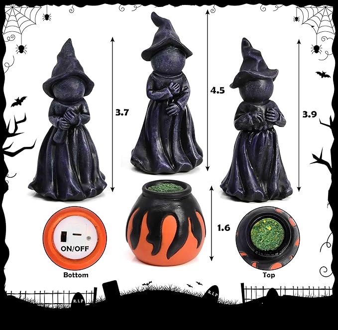 Gift Boutique Halloween Miniature Witches Cauldron Figurine Set of 4 Resin Light Up Decor for Spooky Vintage Indoor Outdoor Table Decorations Supplies