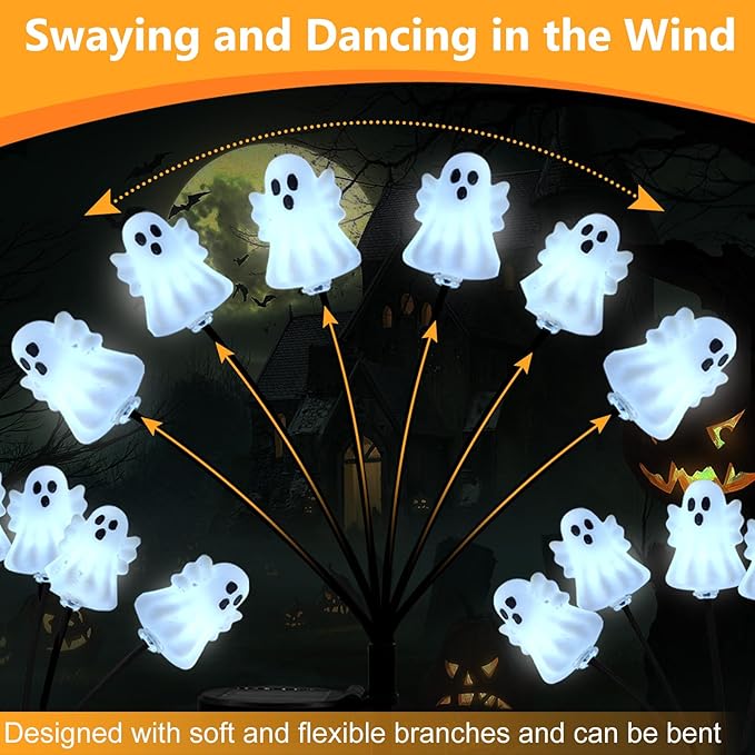 Solar Halloween Pathway Lights 3 Pack Ghost Stake Lights Outdoor 2 Modes Cool White LEDs for Garden Yard Patio
