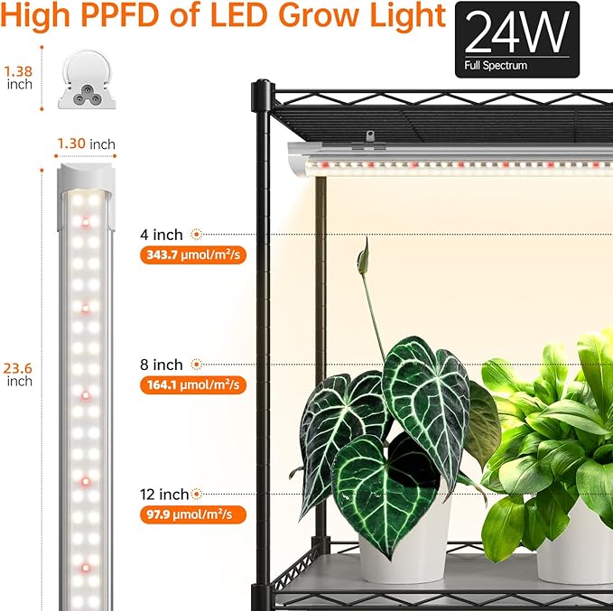 Plant Shelf with Grow Light with Timer, Metal Plant Stand with Adjustable Rack and Wheels, 4 Pack T8 Full Spectrum Grow Light Strip for Indoor Plants, Seed Starting, Seed Tray, 23.5"x13.8"x59"
