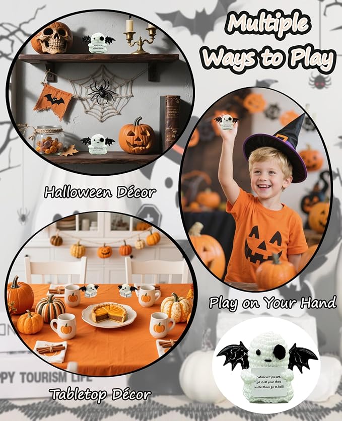 2 Packs Cute Decor for Men Women Kids, Positive Crochet Animals Emotional Support Handmade Mini Ghost Dolls with Positive Cards Halloween Basket Stuffers for Desk Home Decor