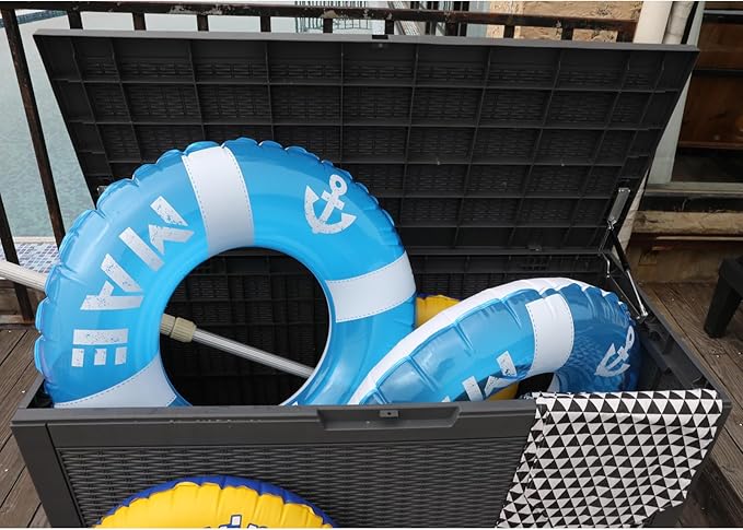 Modern-Depo 100 Gallon Deck Box Waterproof Outdoor Storage Bench Polypropylene PP Garden Tools Pool Towel Storage Bin Porch Delivery Box, Black