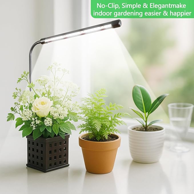 Grow Light for Indoor Plants Growing, 1 Pack 6000K Full Spectrum Gooseneck Plant Lamp for Seedings Succulents Small Plants, Auto On/Off Timing & 5 Dimming