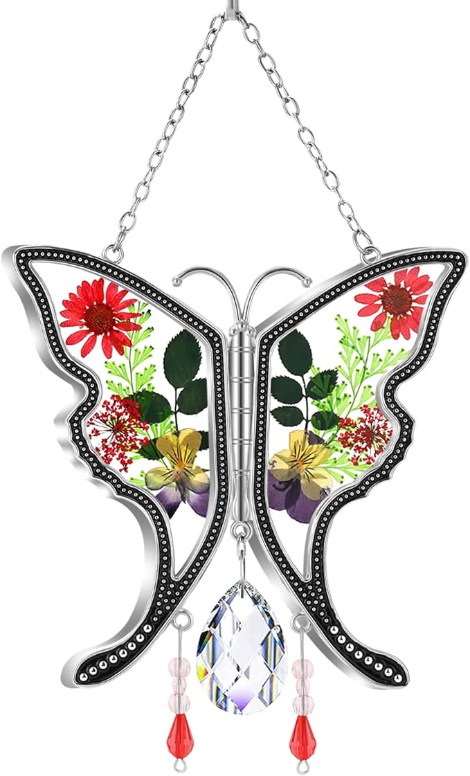 KY&BOSAM Gifts for Mom Crystal Butterfy Suncatcher Stained Glass Butterfly Suncatchers for Windows with Pressed Real Flowers Heart Charm Engraved with Crystal Mother`s Day Birthday