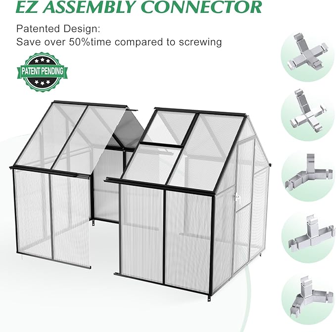 6'x8' Snap-Together Greenhouse - Easy 3-Way Connectors, Heavy-Duty Aluminum Frame, Wind/Snow Resistant for Gardening/Urban Farming, Includes Sliding Door and Ventilation Windows