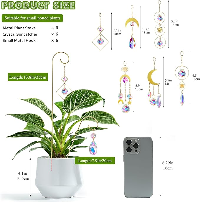 HDCRYSTALGIFTS 6 Pack Small Trellis for Potted Plants Indoor with Colorful Crystal Sun Catcher, 13.5'' Metal Plant Stake Suncatchers for Mini Potted Plant Decoration for Home Window Garden