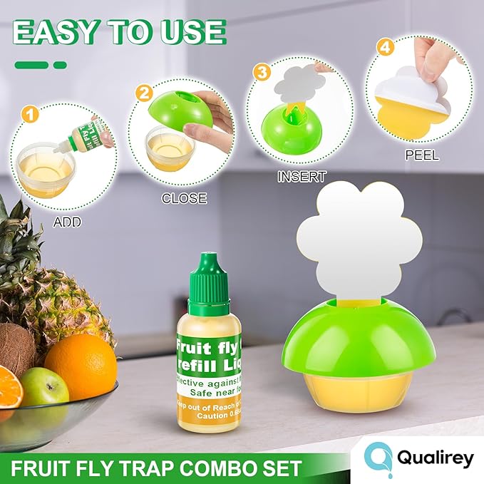 Qualirey Fruit Fly Trap for Indoors, 4 Pack Fruit Fly Trap with 4 Refill Liquid and 60 Yellow Sticky Pads, Safe Near Pets, Food and Kids, Fruit Flies Lure Liquid Trap for Home Kitchen