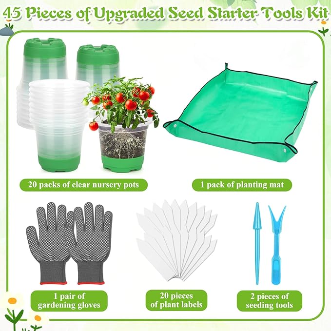 Caffox 45PCS Reusable Seed Starter Kit Includes 20 Packs 5" Clear Nursery Pots with Silicone Base, Repotting Mat, Gardening Gloves, Plant Labels and Seedling Tools for Easy Transplant