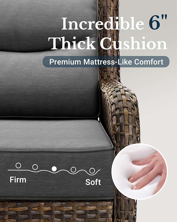 HILLGA Luxury Patio Furniture Set with 6-inch Thick Cushion, Outdoor Couch and High Back Swivel Rocker Patio Chairs, 7PCS Wicker Conversation Set for Deck Yard and Poolside, Dark Grey (V2)