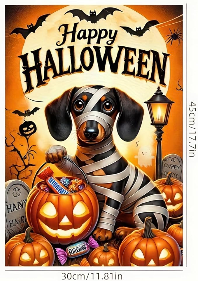 Garden Flags for Outside 12x18 Inch Double Sided - Halloween Trick or Treat Dachshund Dog Skeleton Decorations - Small Outdoor Yard Flag