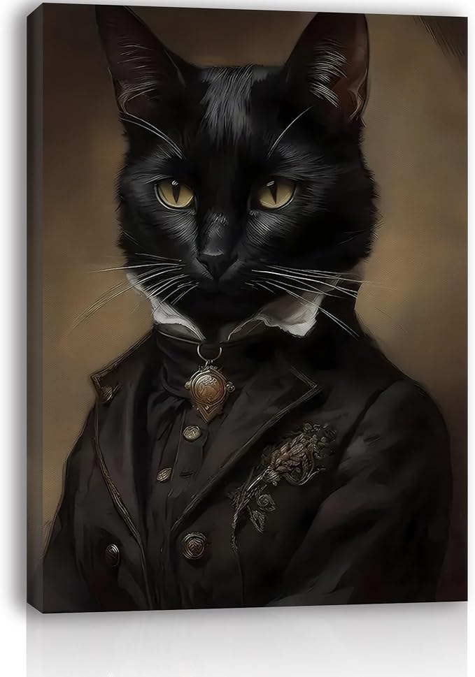 Black Cat Canvas Framed Wall Art Poster 11.5x15 Inch - Gothic Bathroom Decor, Dark Academia Home & Room Wall Decor Posters for Apartment, Cat Lover Gifts, Halloween Decorations