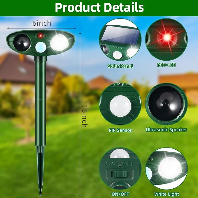 2 Pack Solar Animal Repellent Ultrasonic Outdoor Squirrel Fortress Pro, Deer Repellent Devices with Motion Sensor & Strobe Light,Waterproof Cat Dog Raccoon Rabbit Deterrent for Garden Yard