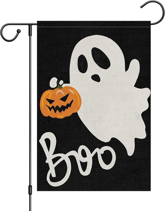 Halloween Ghost Garden Flag 12x18 Inch Double Sided Outside, Spooky Boo Garden Flag Welcome Holiday Yard Outdoor Decoration