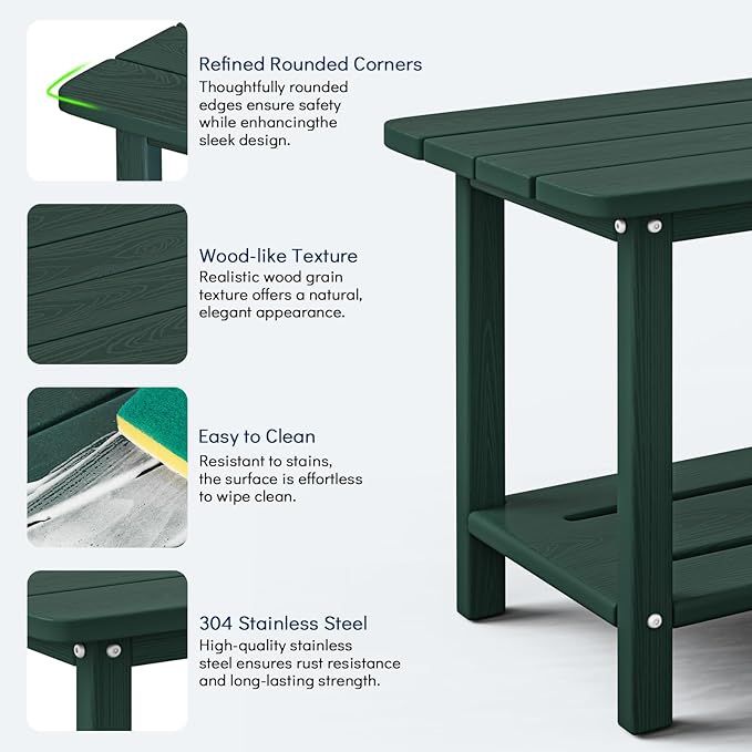 nevilywood Adirondack Square Side Table - 18.4" Large Panel HDPE Outdoor End Table - Weatherproof, Rustproof & Low Maintenance for Patio, Lawn, Pool, Indoor Use (Green)