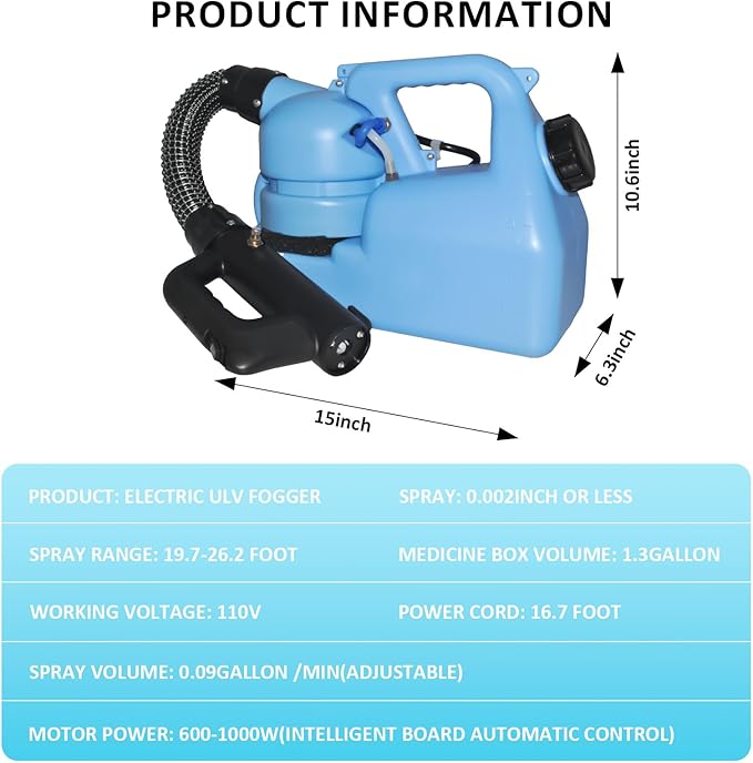 6L(1.59 Gallon) Electric ULV Cold Fogger Machine,Electric Atomizer Sprayer,Electric Fogger Portable,Adjustable Flow Rate, Large Area Spraying for Home Indoor Outdoor