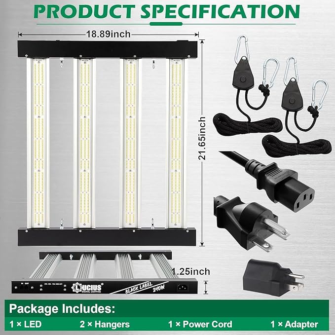 Lucius 240W LED Grow Light with LM281B Diodes, 2.9 µmol/J High Efficiency, Dimmable 4-Bar Light with 1200 Diodes, Full Spectrum Plant Grow Lamp for Indoor Plants, Seeding, Veg, Bloom, 120/240/277V