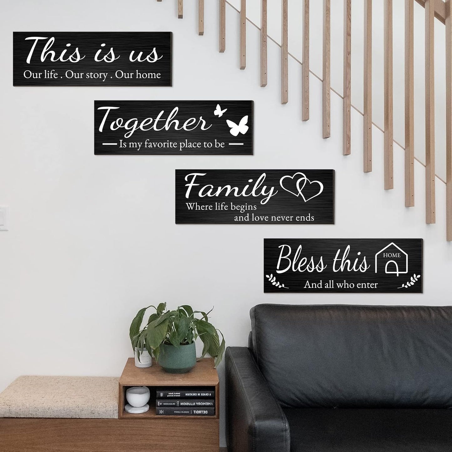 Joyhawk 4 Pieces Home Wall Decor Signs, THIS IS US/TOGETHER/BLESS THIS HOME/FAMILY Wall Decor For Living Room Bedroom, Rustic Wooden Farmhouse Wall Art Decor, 4.7 x 13.8 Inch(Black)