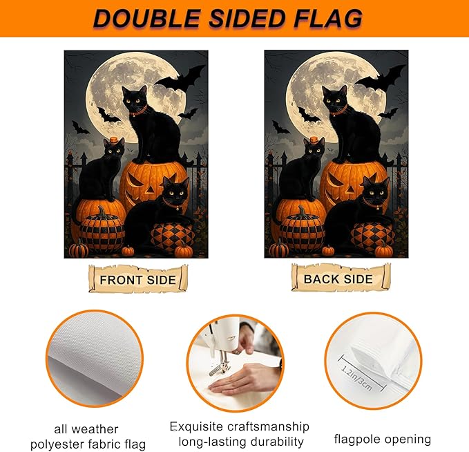 IVN Spooky Halloween Garden Flag 12x18 Inch Double Sided Black Cat Witch Pumpkin Jack O’ Lantern Gothic Outdoor Fall Yard Flag for Outside Home Front Door Lawn Porch Patio Welcome Decor
