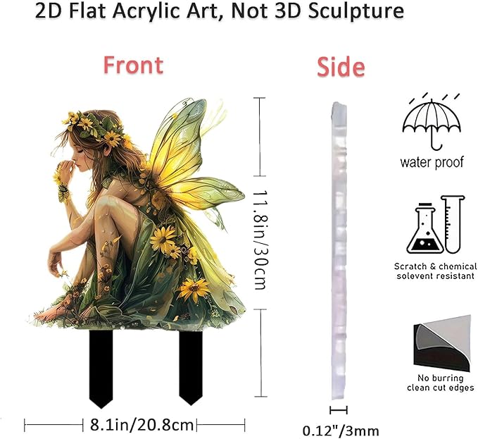 Fairy Garden Stake Decor, 2D Flat Acrylic Fairy Garden Decor Panel, Elf Yard Sign for Outdoor Indoor Yard Lawn Plants Pots, Fairy Yard Accessories (Green Fairy)