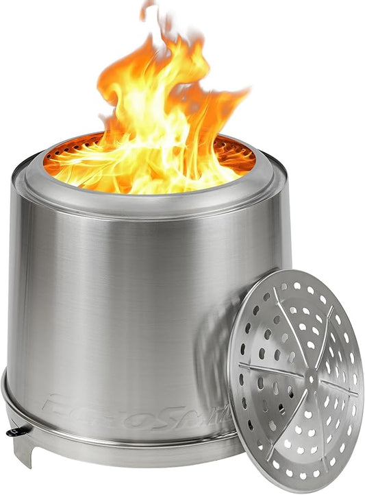 EchoSmile 18" Smokeless Fire Pit with Triple-Burn & Adjustable Damper, Outside Stainless Steel Wood Burning Stove for Outdoor Patio, Backyard, Camping