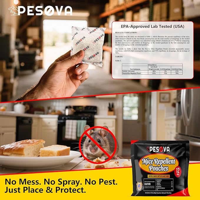 Mouse Repellent Pouches, Extra-Strength Natural Peppermint Oil Mice Repellent Indoor, Made with Plant Fibers Cinnamon and Peppermint Oils, Use Safe for Car/RV/Boat/Garage/Shed (Pack of 12)