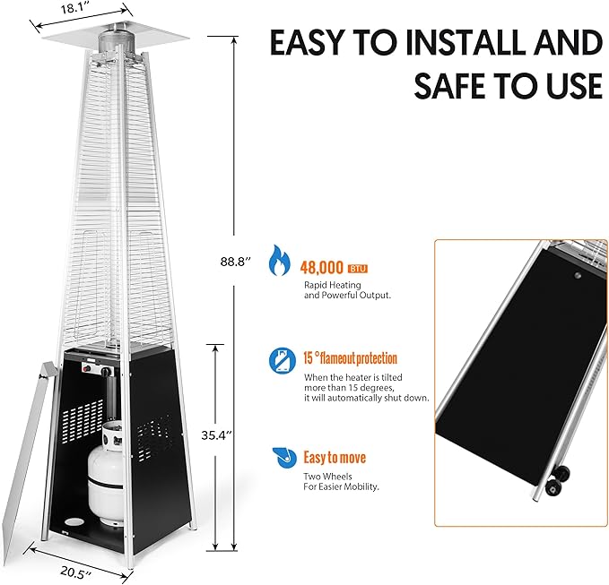 Pyramid Patio Heater,48,000 BTU Outdoor Propane Heater with Glass Tube, Propane Tall Tower Design with Wheels & One-Button Ignition for Backyard, Deck, and Commercial Use