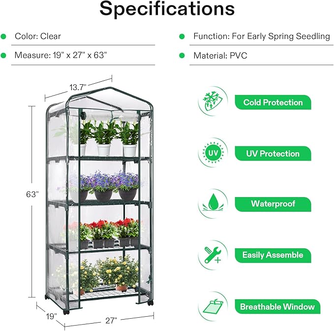 VIVOSUN Mini 4-Tier Greenhouse with Wheels, 27 x 19 x 63-Inch Reusable Portable Warm House with Clear PVC Cover and Shelf for Compact Garden and Small Backyards, with Wheels