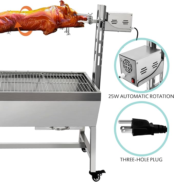 Rotisserie Grill Charcoal Spit Roaster, Stainless Steel 37" Pig Lamb Hooded Roaster Charcoal Spit With 25W Motor & Adjustable Height Lockable Casters For Party Barbecue,132 LBS Without Baffle