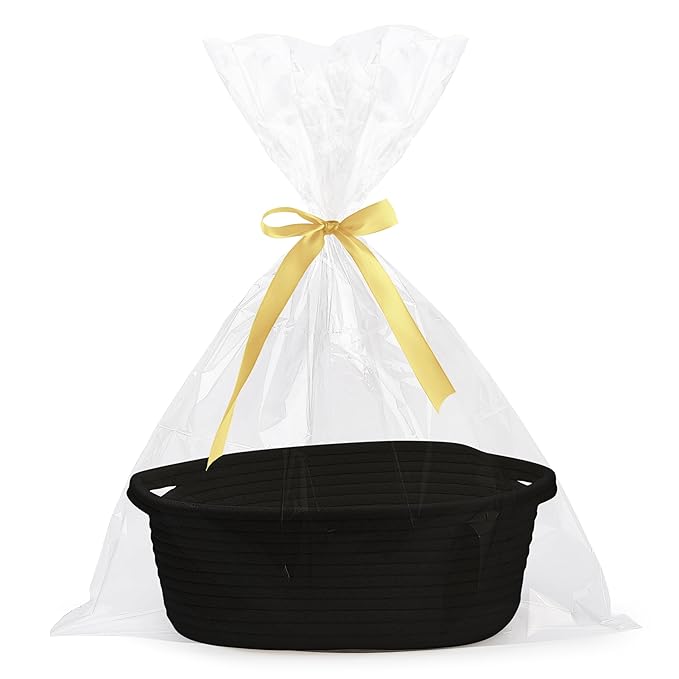 Pro Goleem Small Woven Basket with Gift Bags and Ribbons Durable Baskets for Gifts Empty Small Rope Basket for Storage 12"X 8" X 5" Baby Toy Basket with Handles, Black
