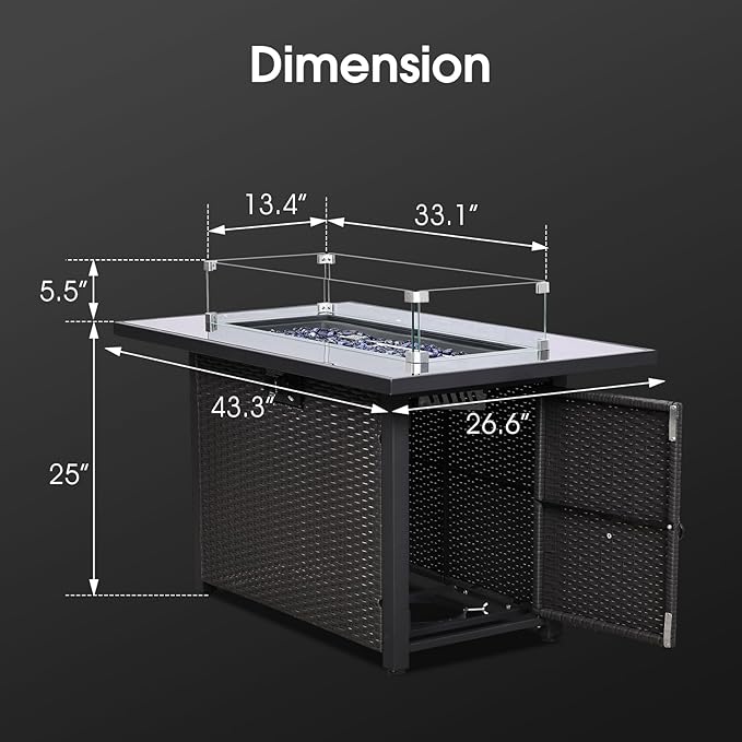 43'' Gas Fire Pit Table, Outdoor Rectangle Fire Pit Table with Cover, Glass Wind Guard & Glass Rock, 60000 BTU Stainless Steel H-Burner Fire Pit Tables for Outside Patio Backyard Garden (Rectangle)