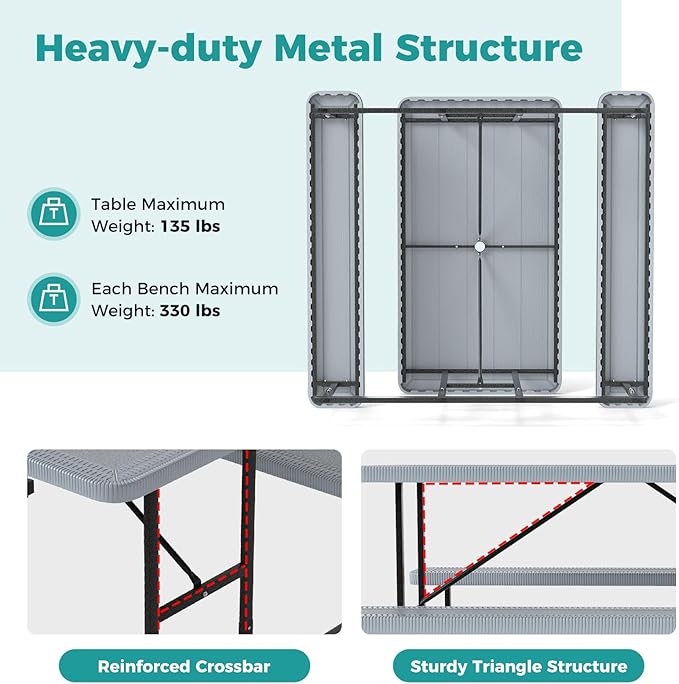 Giantex Picnic Table Bench Set for 4 People, 4.5FT Outdoor Rectangular Dining Table & 2 Benches w/Umbrella Hole, HDPE Tabletop, Metal Frame, Patio Garden Backyard Poolside (4.5FT,Non-Foldable,Gray)