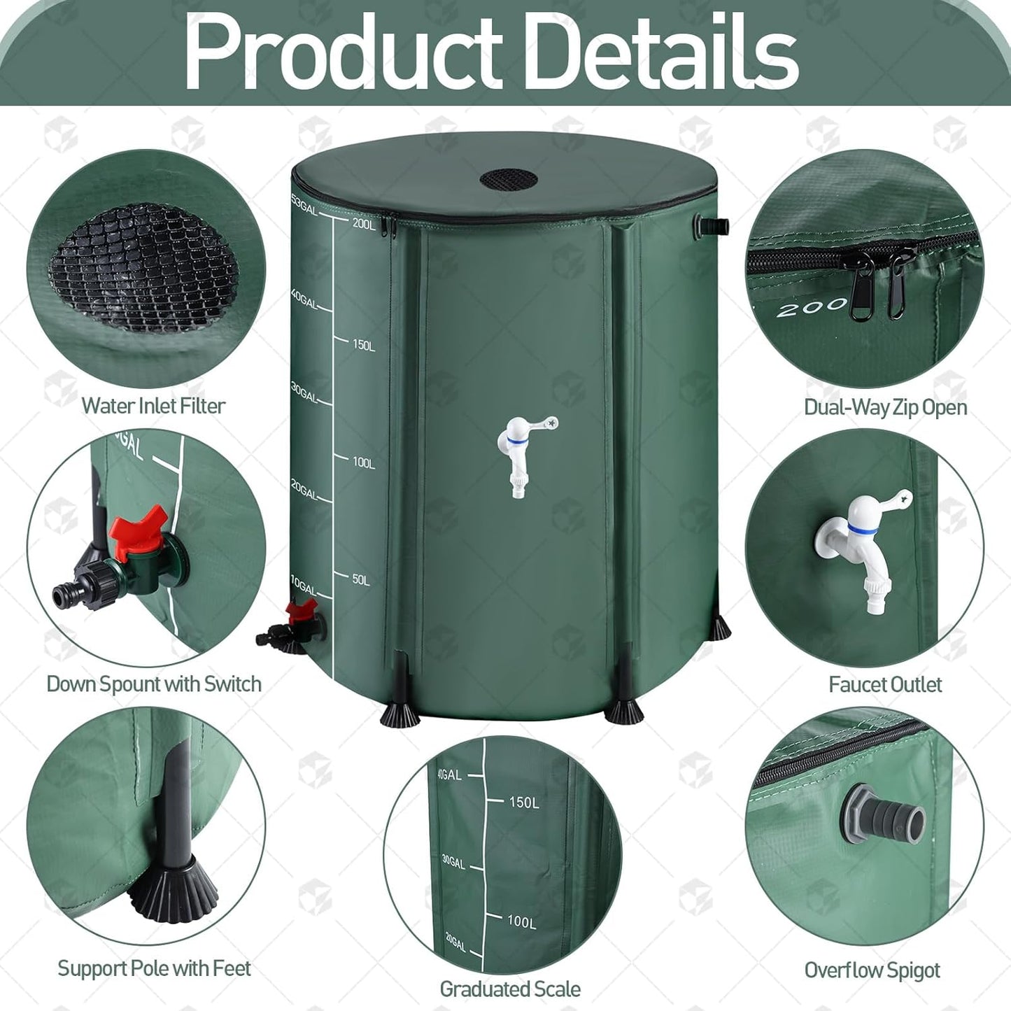2Pcs 53 Gallon Collapsible Rain Barrel Kit with 12 Half Poles, 200L Protable Rain Water Collection Barrel with Zipper, 1000D Oxford Rain Catcher Barrel System Garden with 1 Spigot and 2 Overflow