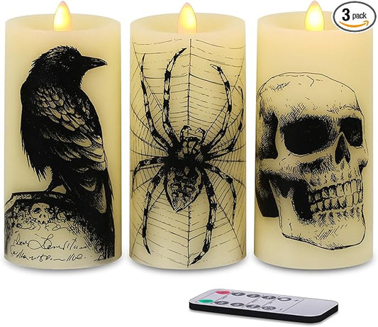 Eldnacele Halloween Flickering Candles with Skull, Spider Web, Crow, Raven Decals, Set of 3 Flat Wick Battery Operated Halloween Themed LED Candles with Remote Timer Spooky Decor