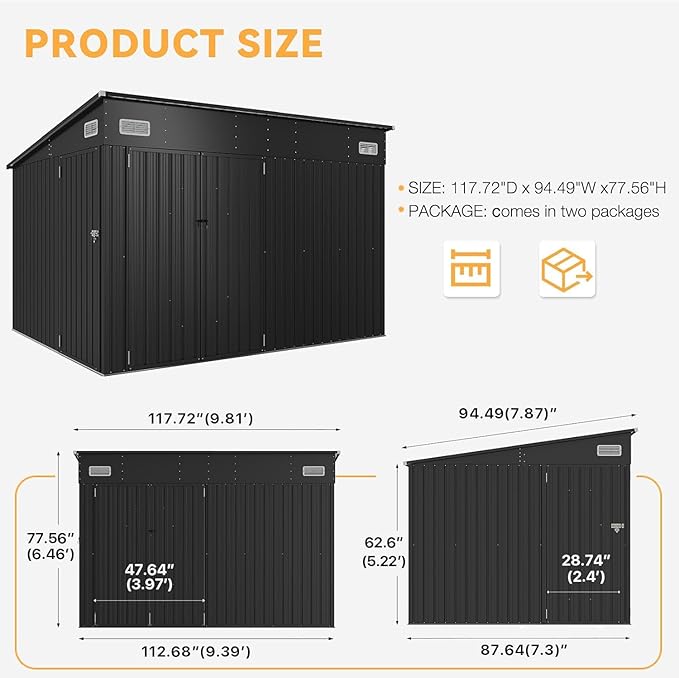 Aoxun 9.5'x7.5' Triple Door Shed Outdoor Storage Shed with Three Lockable Door for Easily Accessing Metal Storage Cabinet with Slopping Roof for Tools Bicycles Storage for Garden, Backyards (Black)