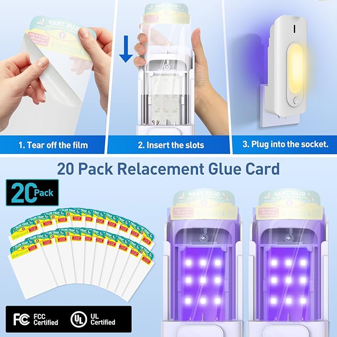 Fruit Fly Trap for Indoors-2PCS, 2 in 1 Fly Trap Indoor with Night Light for Home with 20 Refills, Gnat Traps for House Indoor, Plug-in Insect Trap for Gnats, Flies, Moths-White