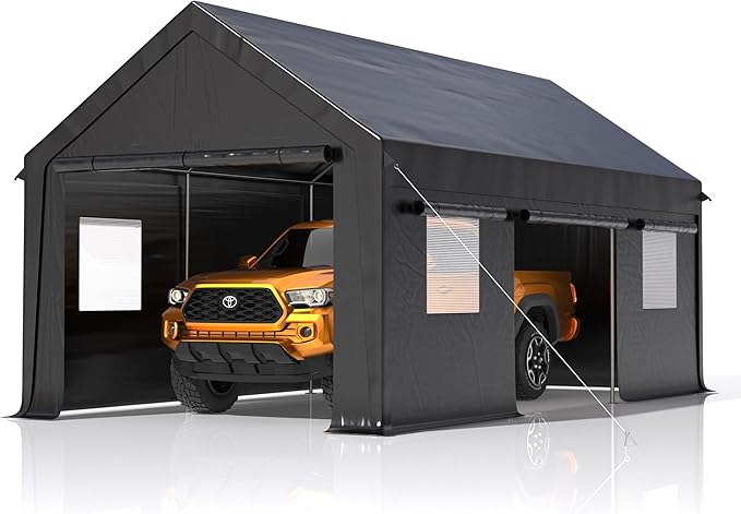 Polar Aurora Carport, 12x20 FT Heavy Duty Carport with Side-Opening Door & Roll-Up Windows, Car Port Canopy, Outdoor Portable Garage for Car, Truck, Boat, Motorcycle