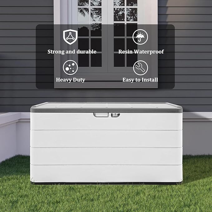 ZZM 110 Gallon Lockable Resin Deck Box, Waterproof Outdoor Storage Box for Patio Cushion Storage Cabinet and Tools Storage, White