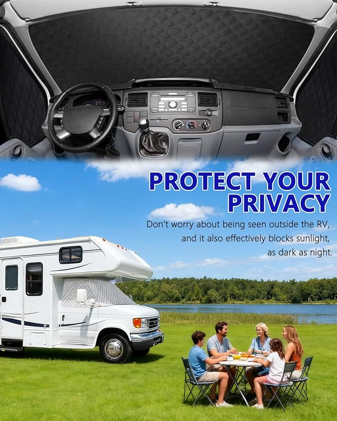 RV Windshield Cover For Class C Ford E450 1997-2025 Motorhome,Windshield Snow Cover For Ice And Snow, RV Front Window Sunshade Cover Block UV Ray Heat RV Accessories [With Snow brush Ice Scrapers]