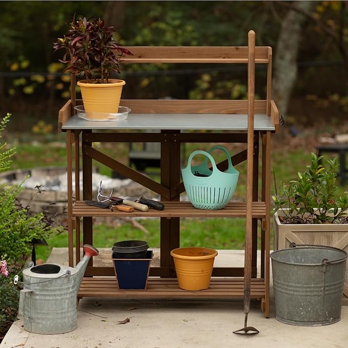 Folding Garden Potting Bench Table，Outdoor Wooden Work Station W/Metal Table Top,2 Tier Open Storage Rack,Top Shelf-Natural Stained
