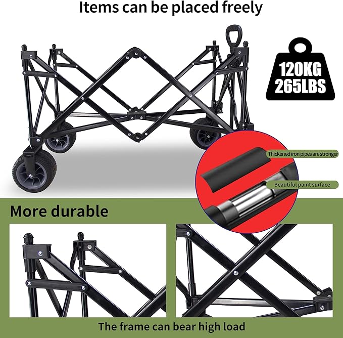 TMZ Collapsible Folding Wagon Cart, Outdoor Utility Garden Cart, Heavy Duty Camping Wagon with Big Wheels, Foldable Wagon for Sports, Shopping, Fishing and Beach-Green