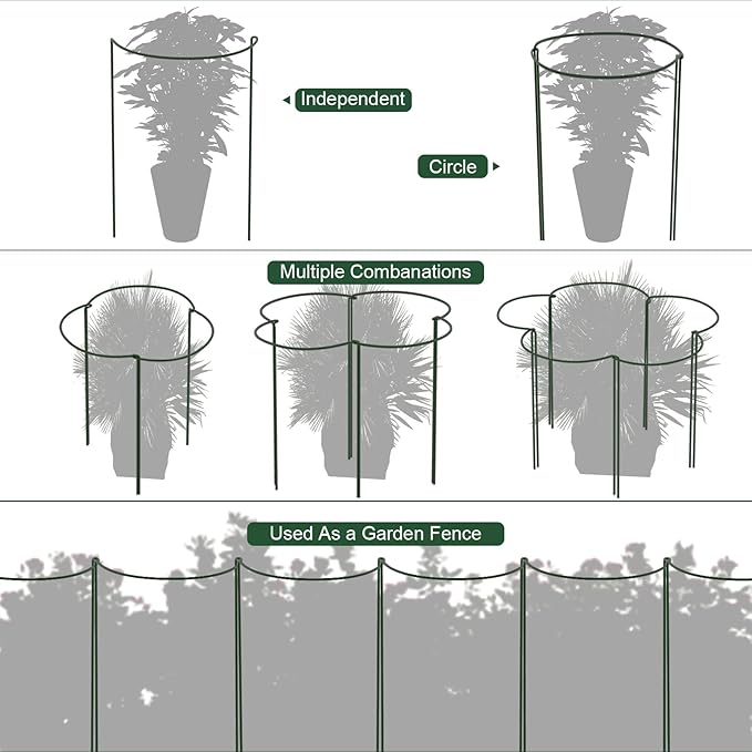 FEED GARDEN 6 Pack Plant Support Stakes, Metal Garden Plant Stake(10" Wide x 16" High) Green Half Round Plant Support Rings for Potted Plants, Plant Cage for Tomato, Hydrangea