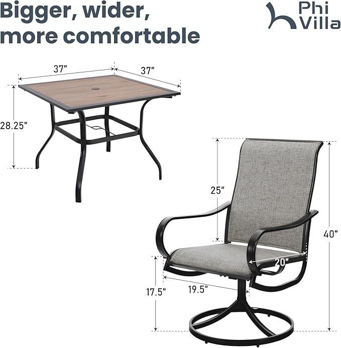 PHI VILLA 5 Piece Outdoor Patio Dining Set, Patio Table & Chair Set Clearance for 4 Person, 4 Swivel Dining Chairs & 1 Square Patio Table(1.57" Hole) for Lawn Garden Poolside