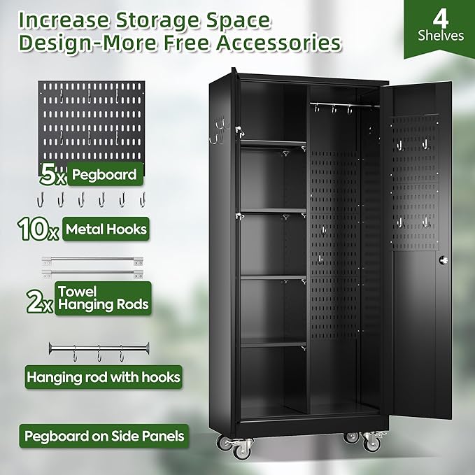 Broom Closet Storage Cabinet with Wheels and Pegboard,Metal Garage Storage Cabinet with Doors and Adjustable Shelves for Garage Home,Required Assembly,Black